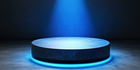 Poster - Circular platform illuminated by blue light in a dark environment creating a dramatic atmosphere