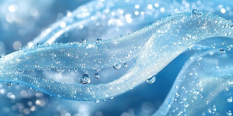Poster - Flowing blue silk ribbon adorned with water droplets in a soft light setting