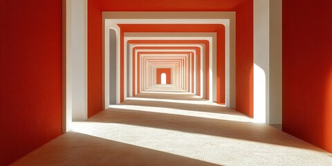 Poster - Brightly lit corridor with bold red walls and geometric arches creates a mesmerizing perspective effect