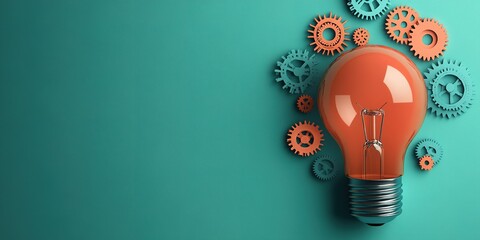Poster - Creative light bulb design surrounded by colorful gears on a teal background