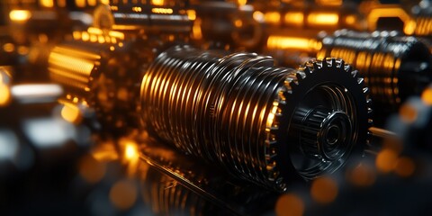 Poster - Intricate close-up of metallic coils and gears illuminated by warm orange light in an industrial environment