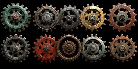 Poster - Collection of vintage gears displayed in an artistic arrangement showcasing industrial design elements