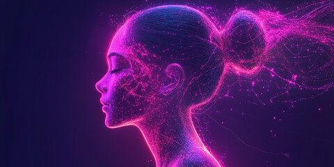 Poster - Profile of a woman surrounded by vibrant neon particles radiating energy and creativity at twilight