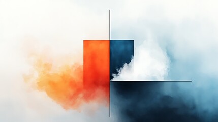 Poster - Abstract geometric design with intersecting planes, vibrant colors, and hazy clouds