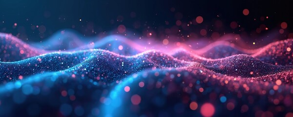 Poster - Abstract dark background with glowing digital network. Blue, pink blurred lights with bokeh effect. Modern tech wallpaper for business, science, crypto, big data analytics. Futuristic design template.