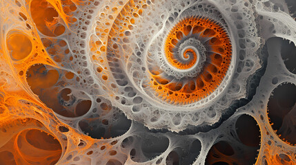 Wall Mural - Abstract fractal design with concentric rings of orange and grey colors, intricate patterns, and interwoven filaments. Interwoven Filaments. Illustration