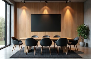 Poster - Modern meeting room interior features wooden table, black chairs. Concrete wall, wood paneling, black mockup screen. Minimalist office design with natural light and indoor plants.