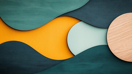 Poster - Abstract layered design with curves and circles in teal, orange, and light colors