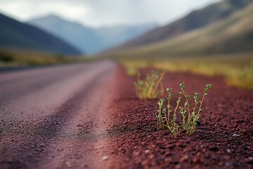 Poster - Intriguing Desert Road with Sparse Vegetation Against a Mountainous Backdrop : Generative AI