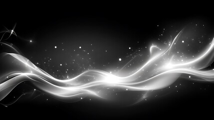Poster - Abstract Glowing White Waves Against Black Background with Sparkling Particles