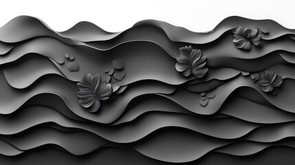 Poster - Abstract Gray Wave Pattern with Leaf Accents in Minimalist Style