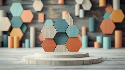 Aufkleber - Abstract wooden geometric shapes on a podium