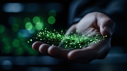 Poster - Magical green sparkles and glowing particles floating above open palm in dark environment with bokeh lights, representing hope, spirituality and supernatural power.