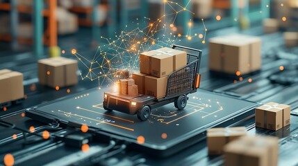 Poster - Automated cargo transport system in a warehouse.  AI-powered logistics