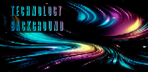 Leinwandbilder - Abstract technology background with swirling multicolored pixel patterns in neon shades of blue, purple, and yellow on a black backdrop.