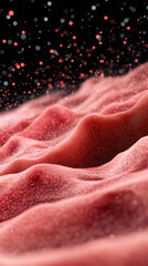 Poster - Abstract red background with flowing particles and a wavy surface, creating a dynamic and visually appealing scene