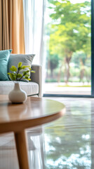 Poster - Modern, stylish living room featuring a sofa, coffee table, and vase, offering serene views of a green garden through large windows