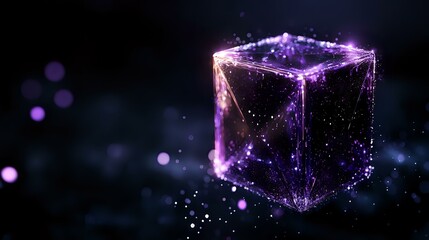 Poster - Glowing purple cube with magical sparkles and particles floating in dark space, creating mystical atmospheric effect. Suitable for fantasy and sci-fi designs.