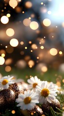 Poster - Fresh daisies with glittering decorative balls on grass against magical bokeh lights background creating dreamy summer evening atmosphere.