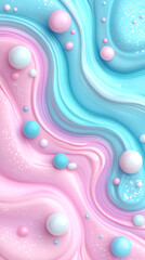 Poster - Pink and blue liquid flows dynamically, spherical droplets suspended, generating ethereal abstract patterns with fluid motion