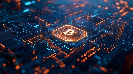 Poster - Glowing cryptocurrency symbol on futuristic circuit board with orange and blue light effects, digital finance concept representing blockchain technology.