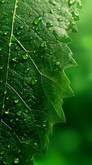 Poster - Fresh green leaf with water drops and detailed vein texture in macro photography against blurred natural background. Perfect for environmental concepts.