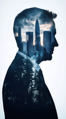 Aufkleber - Double exposure portrait of businessman with an urban landscape and forest inside his head