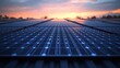 © emzee - Close-up view of solar panels at sunset, showcasing the intricate details of the cells and the warm light reflecting on their surface
