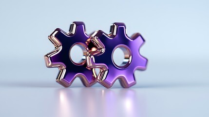 Poster - Metallic purple and rose gold gear wheels interconnected on light background with soft reflections and shadows, symbolizing teamwork and mechanical precision.