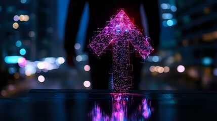 Poster - Glowing pink digital arrow points upward against dark urban background with bokeh lights and water reflections creating futuristic technological atmosphere.