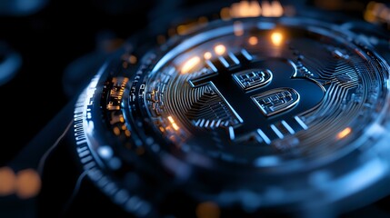 Poster - Metallic bitcoin coin with glowing circuit pattern and reflective surface in dark background, dramatic lighting highlights cryptocurrency technology concept.