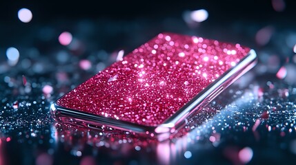 Poster - Pink glittery smartphone on dark background with scattered sparkles and bokeh lights creating magical atmosphere for luxury technology concept.