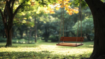 Wall Mural - a wooden swing hangs from a large tree in a peaceful green park. it's ideal for themes of nature, ch