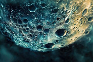 Wall Mural - close-up view of a celestial body's cratered surface, revealing a textured landscape of impact featu