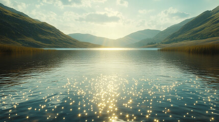 Poster - Sunlight reflecting on a lake surrounded by mountains under a cloudy sky during the daytime
