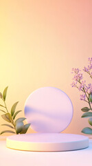 Leinwandbilder - Minimalist product presentation using white round pedestals, verdant greenery against soft pastel backdrop, bathed in warm, inviting illumination