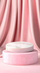 Poster - Round marble and mother-of-pearl podiums with pink silk background creating an elegant setting for product showcasing