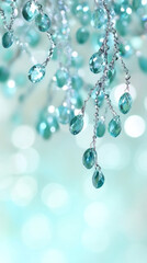 Poster - Turquoise crystal pendants dangling from silver chains, soft bokeh blurring background, evoking refined luxury
