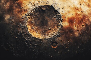 Wall Mural - a close-up view of a celestial body's surface revealing a large crater and numerous smaller impact c
