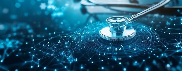 Aufkleber - Futuristic Medical Stethoscope with Digital Networks and Data Visualizations : Generative AI