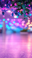 Aufkleber - Glossy purple surface adorned with dangling foliage, illuminated by blurred colorful lights forming festive backdrop