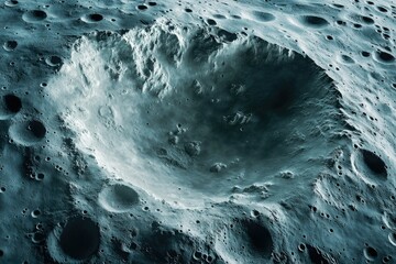 Wall Mural - a large impact crater dominates a heavily cratered celestial body, showing signs of past collisions 