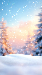 Aufkleber - Snow is softly falling on a snowy field at sunset during winter, creating a magical and serene atmosphere