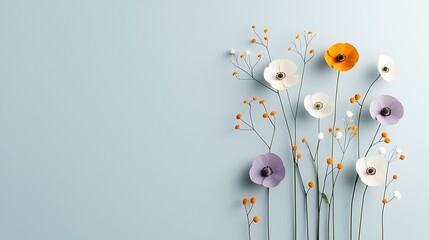 Poster - Delicate Paper Flowers on Light Blue Background