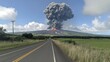 © jany sweet - An active volcano erupts dramatically, spewing lava and creating a large ash cloud. The vibrant lava flow contrasts against the lush green landscape, captivating onlookers from the road nearby