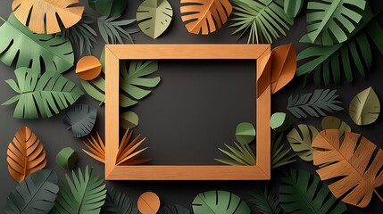 Aufkleber - Elegant, minimalist frame surrounded by vibrant paper cut tropical leaves