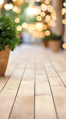 Aufkleber - Empty wooden planks resting in a soft, blurred bokeh background, evoking a cozy and warm atmosphere perfect for any setting