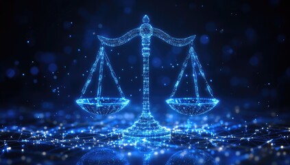 Leinwandbilder - Abstract digital scale of justice, glowing blue light points, dark background, modern design, technology, justice, balance, equality, law, digital art, graphic design