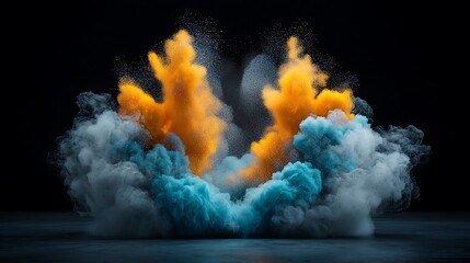 Poster - Explosive burst of vibrant orange and teal smoke on a dark surface