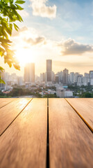 Aufkleber - Wooden planks in focus with a blurry cityscape background during sunset, ideal for product placement